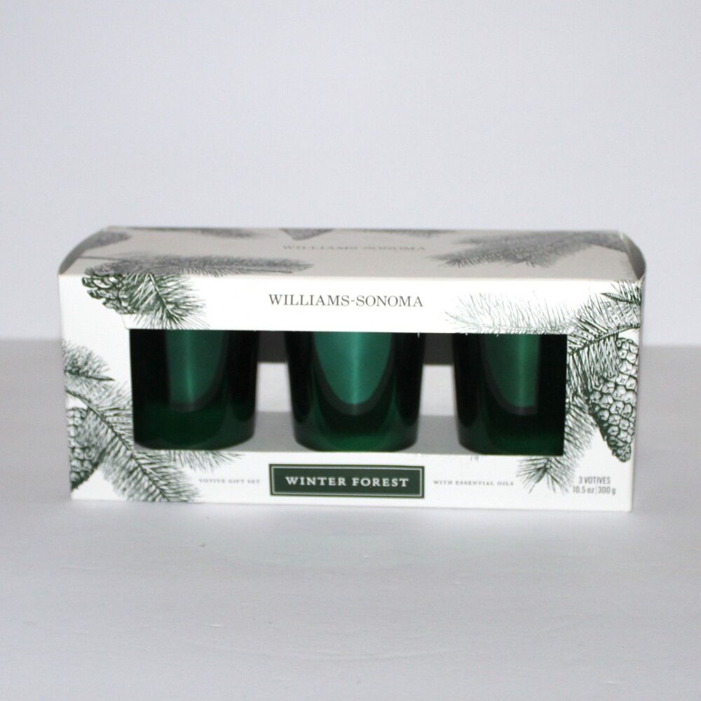 Williams Sonoma Winter Forest 3 Votive Candle set 10.5 oz green glass